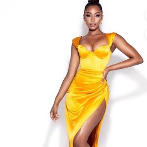 Zarah Yellow High Slit Corset Satin Dress